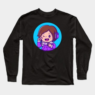 Cute Girl Gaming Holding Joystick With Hand Peace Long Sleeve T-Shirt